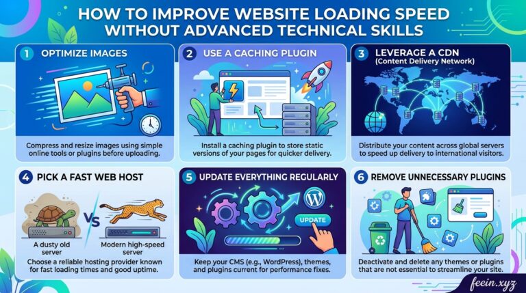 Person optimizing website loading speed on a laptop using simple performance improvement techniques without coding skills