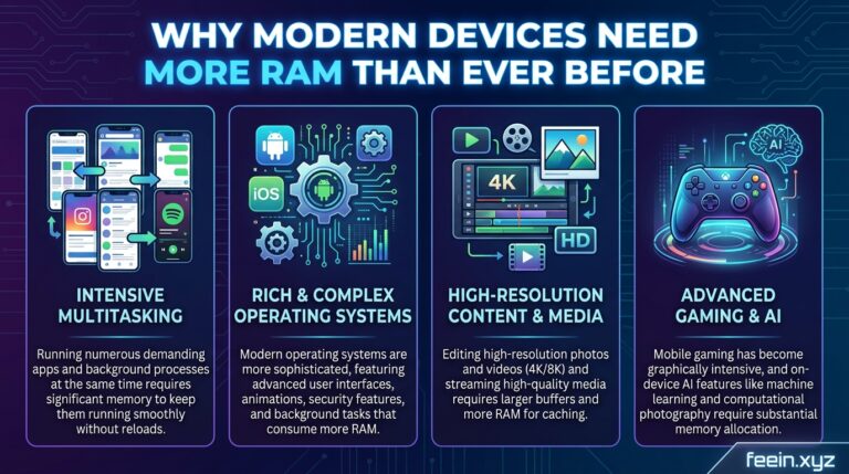 Modern laptop displaying multitasking apps and performance charts explaining why modern devices need more RAM for speed and efficiency