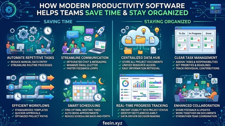 Team members using modern productivity software to manage tasks, collaborate online, and organize workflow efficiently in a digital workspace.