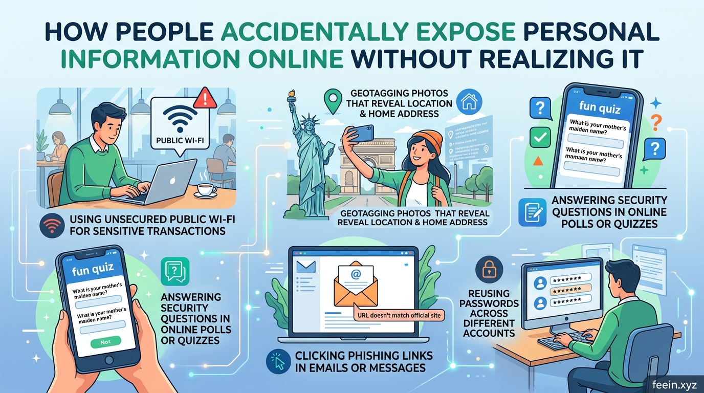 Person using a laptop while unknowingly exposing personal information online through insecure digital habits
