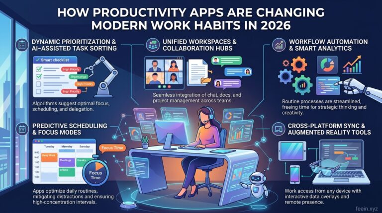 Professional using AI-powered productivity apps on a laptop in a modern office workspace in 2026