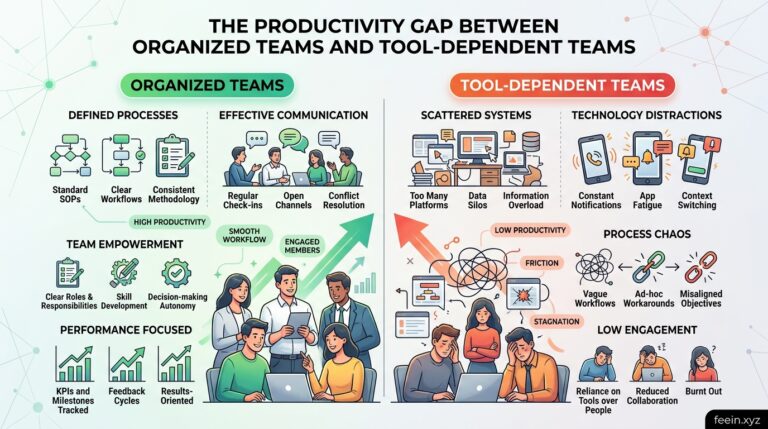 Illustration showing the productivity gap between organized teams using structured workflows and tool-dependent teams struggling with inefficient collaboration