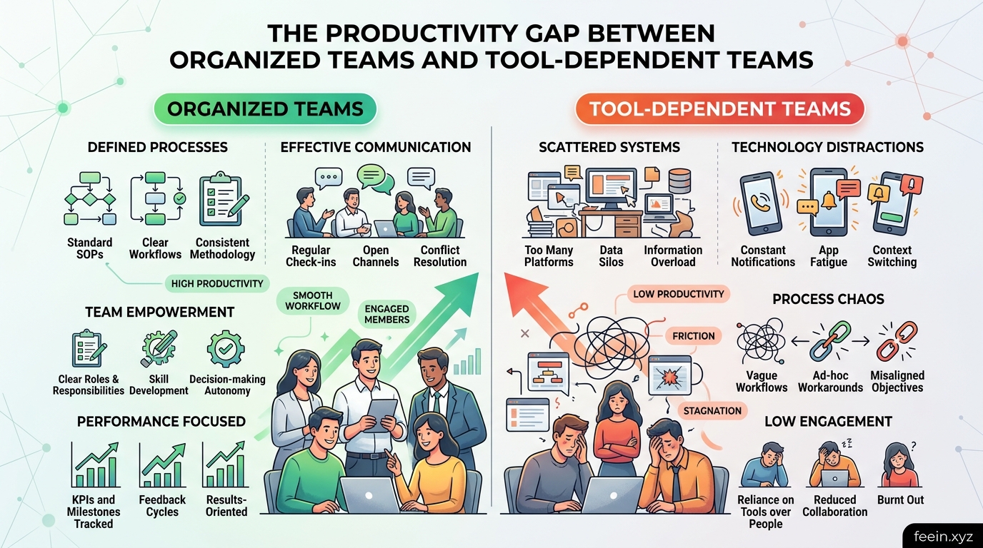 Illustration showing the productivity gap between organized teams using structured workflows and tool-dependent teams struggling with inefficient collaboration