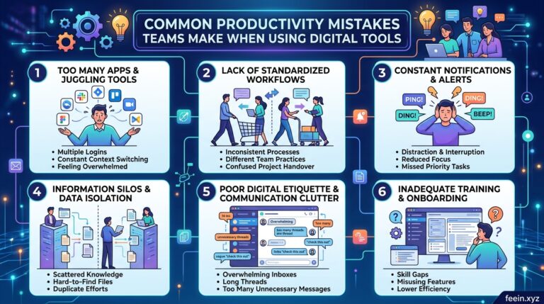 Teams making common productivity mistakes while using digital tools in a modern office workflow