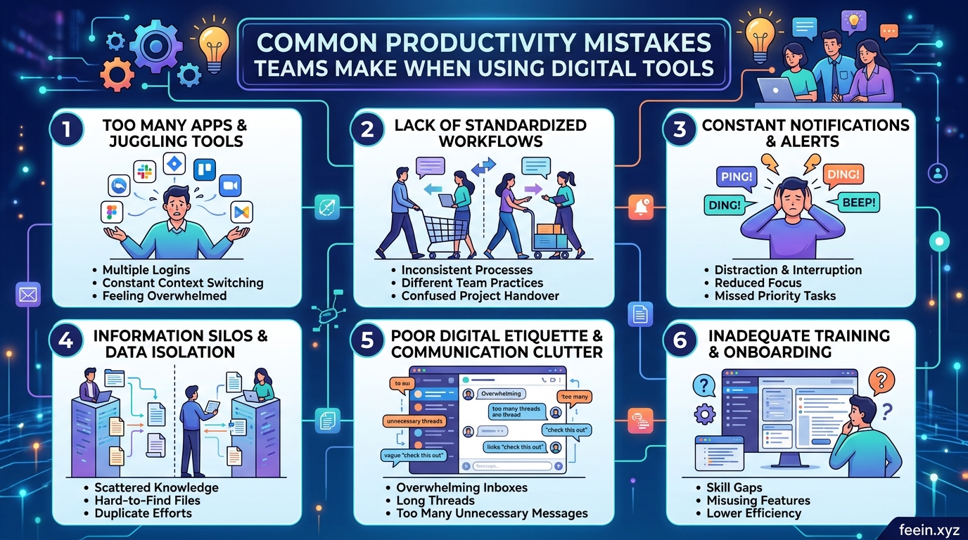 Teams making common productivity mistakes while using digital tools in a modern office workflow