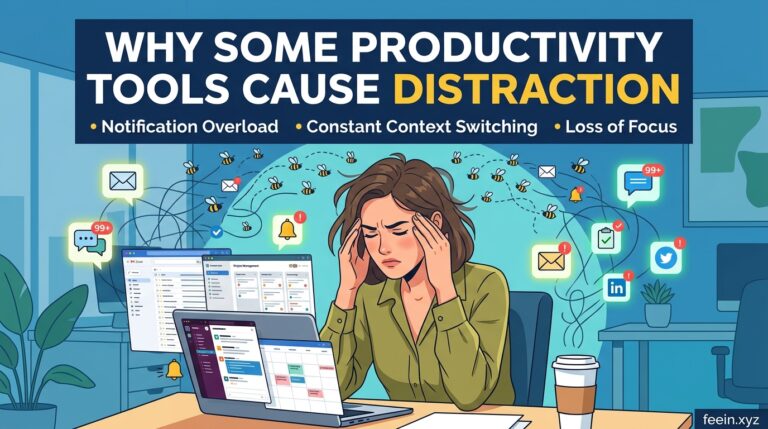 Professional office workspace showing multiple productivity apps and notifications causing distraction instead of improving work efficiency