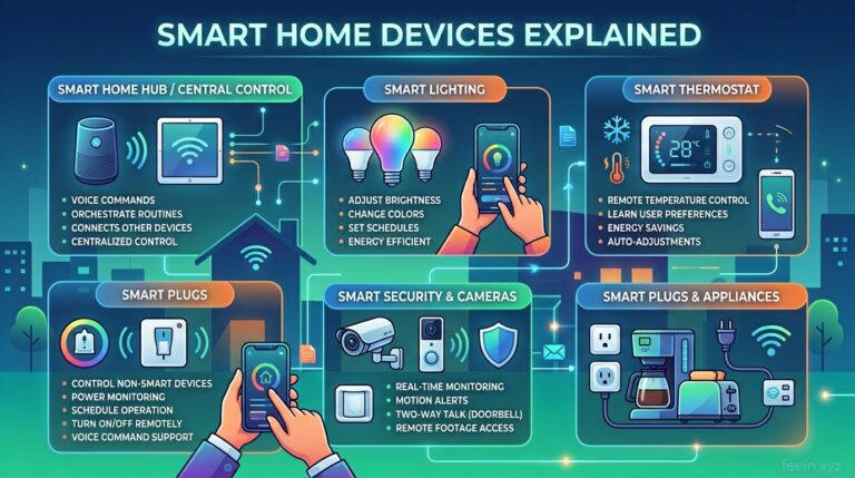 Smart home devices including smart speaker, thermostat, and security camera connected through home automation system