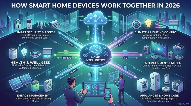 Smart home devices connected through AI automation system controlling lights, thermostat, and security in a modern house 2026