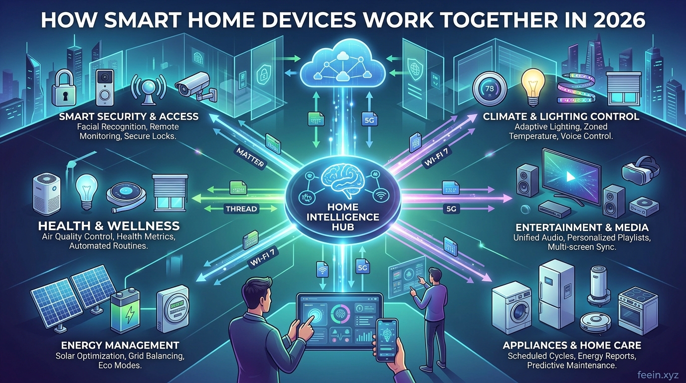 Smart home devices connected through AI automation system controlling lights, thermostat, and security in a modern house 2026
