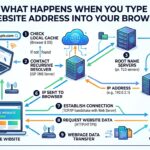 Step by step illustration showing what happens when a website address is entered into a web browser including DNS lookup server request and webpage loading process