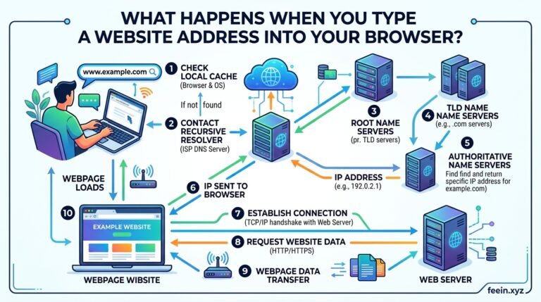 Step by step illustration showing what happens when a website address is entered into a web browser including DNS lookup server request and webpage loading process
