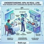 Illustration showing how APIs connect modern mobile apps, cloud services, and databases to enable real-time communication between digital platforms