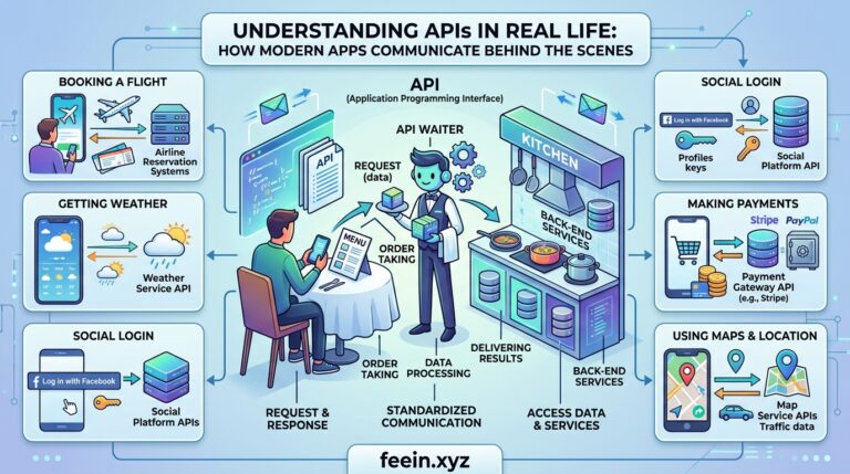 Illustration showing how APIs connect modern mobile apps, cloud services, and databases to enable real-time communication between digital platforms